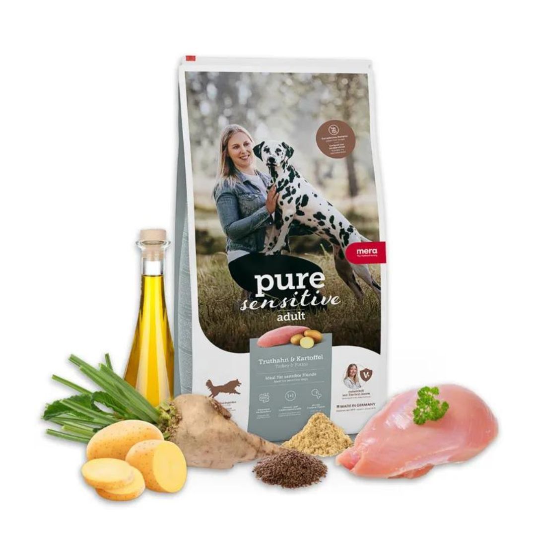 Mera Pure Sensitive Fresh Meat Turkey and Potato Dog Food Front Bag Image With Ingredients in Food by Pets emporium
