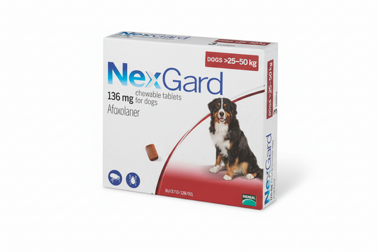 A box of NexGard chewable tablets for dogs, with a dosage of 136 mg, indicating for dogs over 25 to 50 kg. The box features an image of a dog and mentions it's by the makers of Frontline.