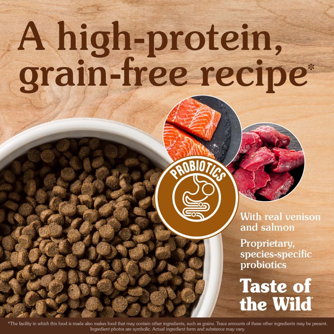 Bowl full of Taste of the Wild Rocky Mountain Feline Recipe with Roasted Venison & Smoke-Flavored Salmon kibble with two circular overlay images containing a cut of smoked salmon and roasted venison by pets emporium