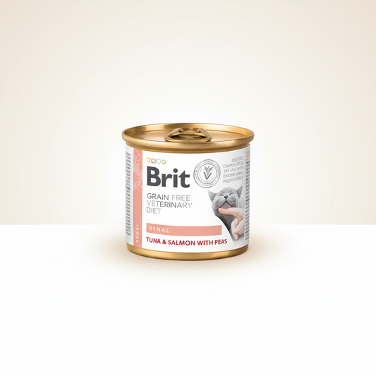 Can of Brit grain-free veterinary diet tuna & salmon with peas on a white background