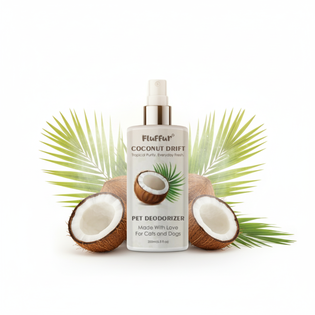 Fluffy Coconut Drift pet deodorizer bottle on a white background by Pets Emporium