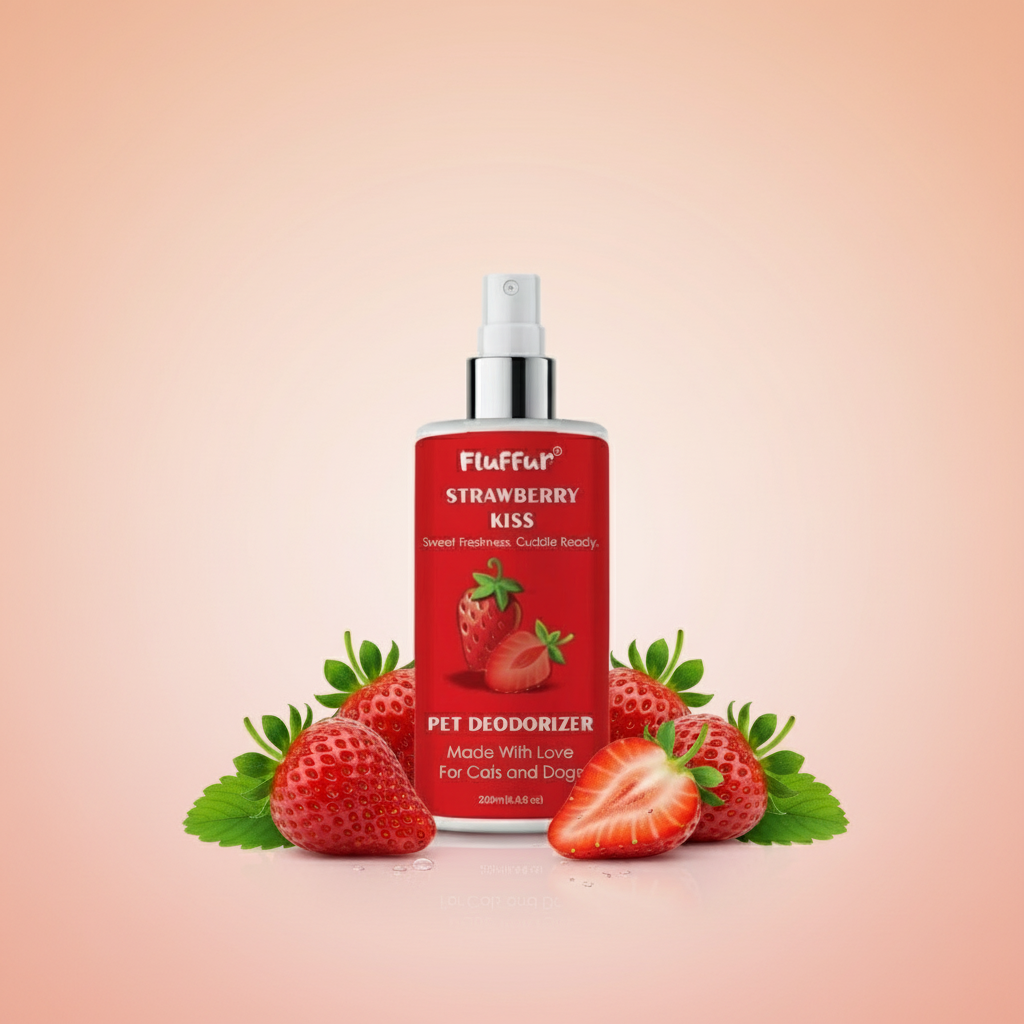 Fluffur Strawberry Kiss pet deodorizer bottle on a white background by Pets Emporium