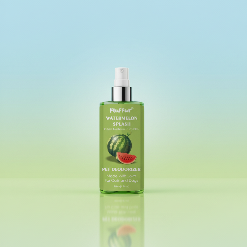 Fluffur Watermelon Splash pet deodorizer bottle on a white background by Pets Emporium