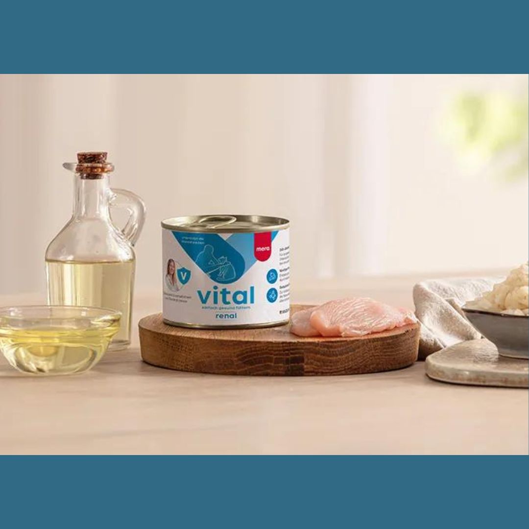 Mera Vital Renal Wet Cat Food in Tin in Image with Natural Ingredients by PetsEmporium