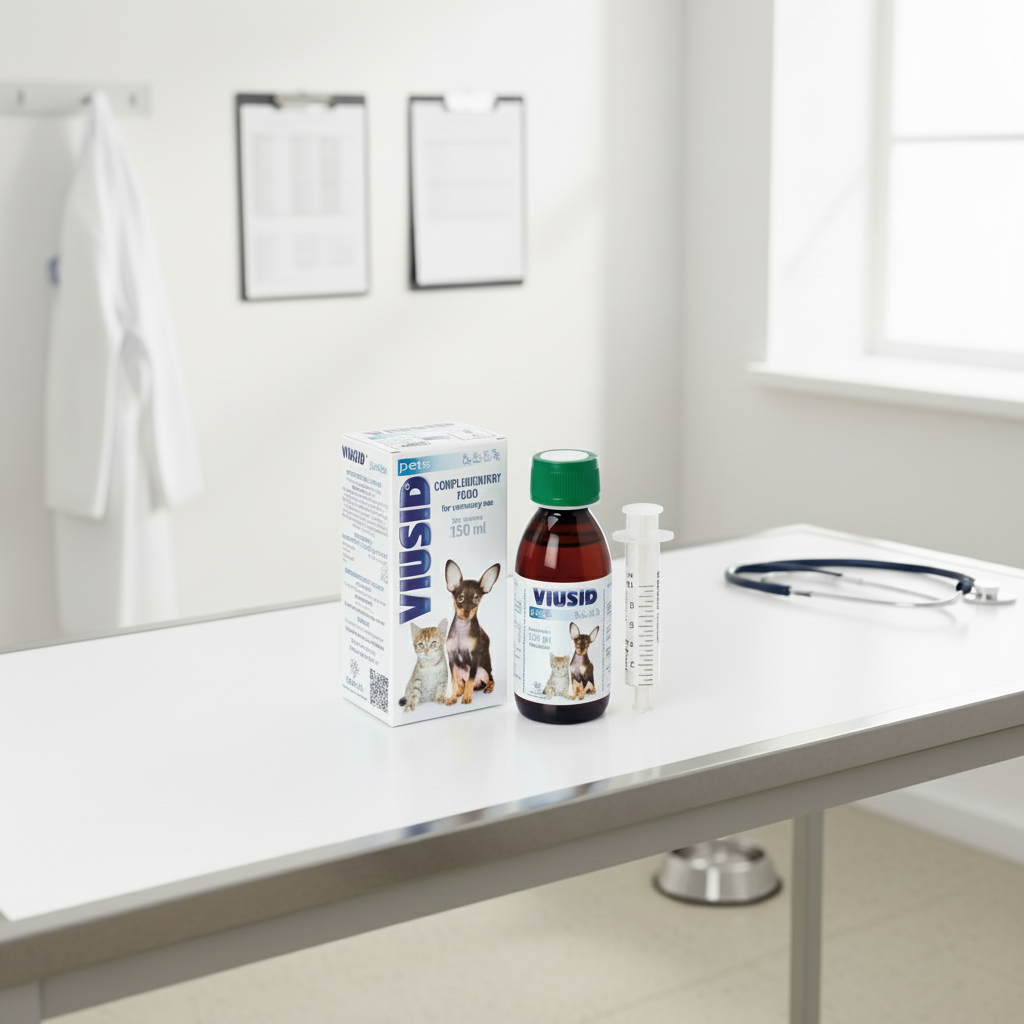 Viusid pet supplement bottle with packaging and syringe on a white background By ets Emporium