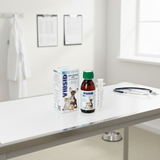 Viusid pet supplement bottle with packaging and syringe on a white background By ets Emporium