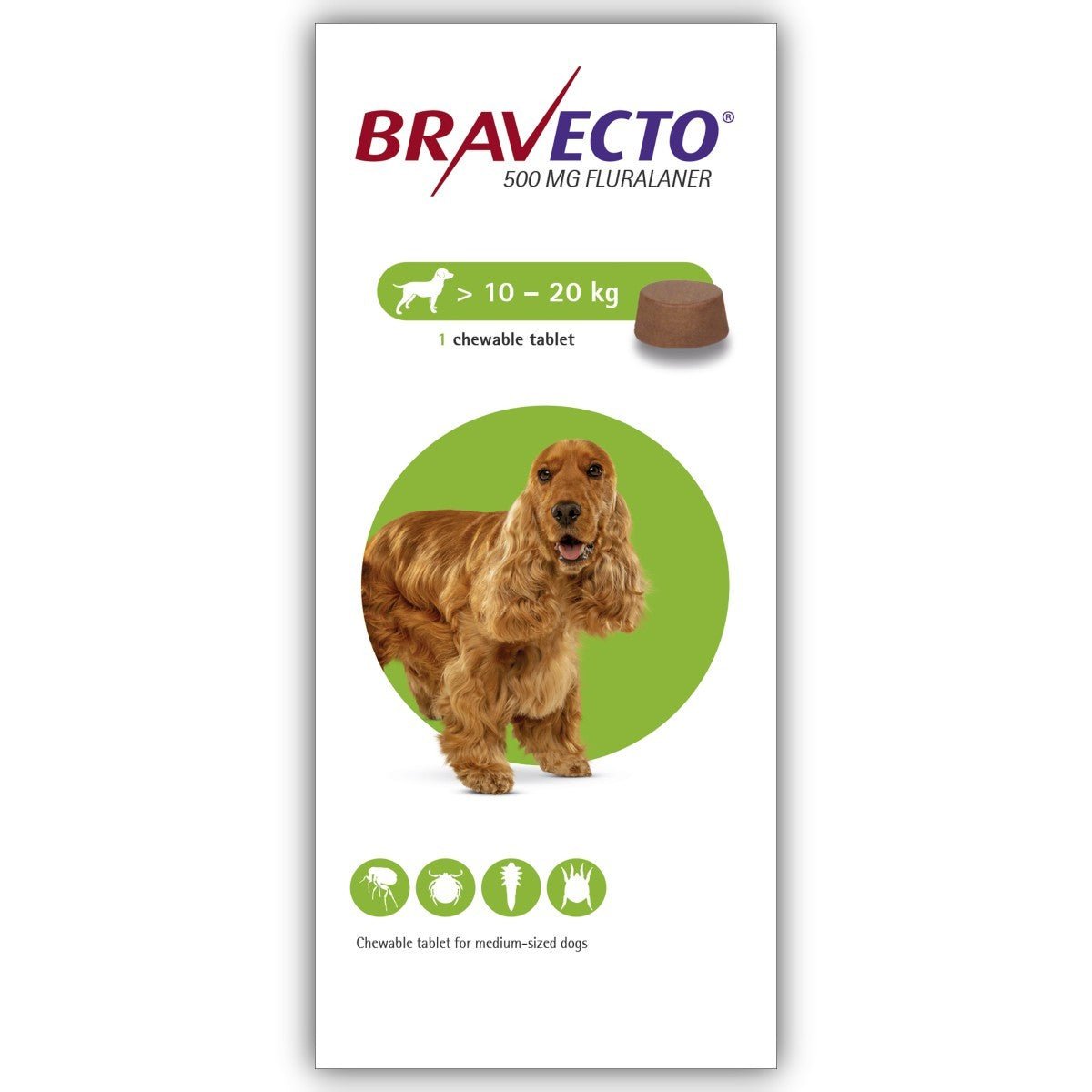 Bravecto (500mg Fluralaner) >10Kg – 20Kg for Dogs Chewable Tablets - Pets Emporium