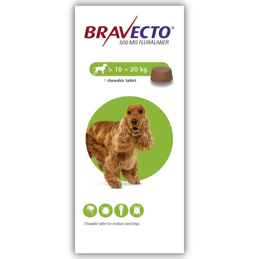 Bravecto (500mg Fluralaner) >10Kg – 20Kg for Dogs Chewable Tablets - Pets Emporium