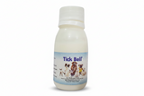 A bottle labeled 'Tick Bell' for flea and tick control in dogs, with a white cap.